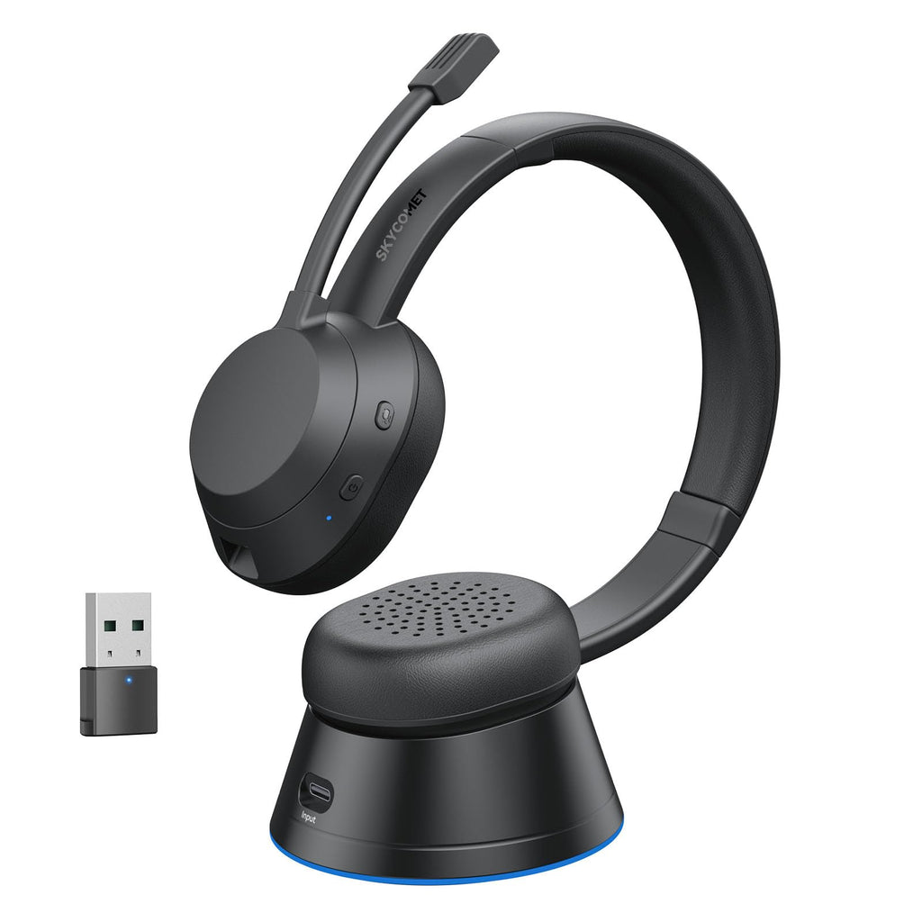 SKYCOMET Wireless Headset with Mic for Work Bluetooth Headset with Microphone (Environmental Noise Cancellation) Wireless Headset with USB Dongle & Charging Dock for PC/Teams/Zoom/Call Center/Home